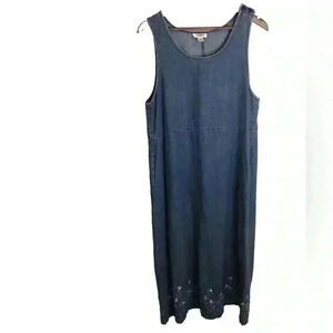 Talbots Women’s Large Blue Jean Denim Maxi Dress Minimalist Jumper Embroidered